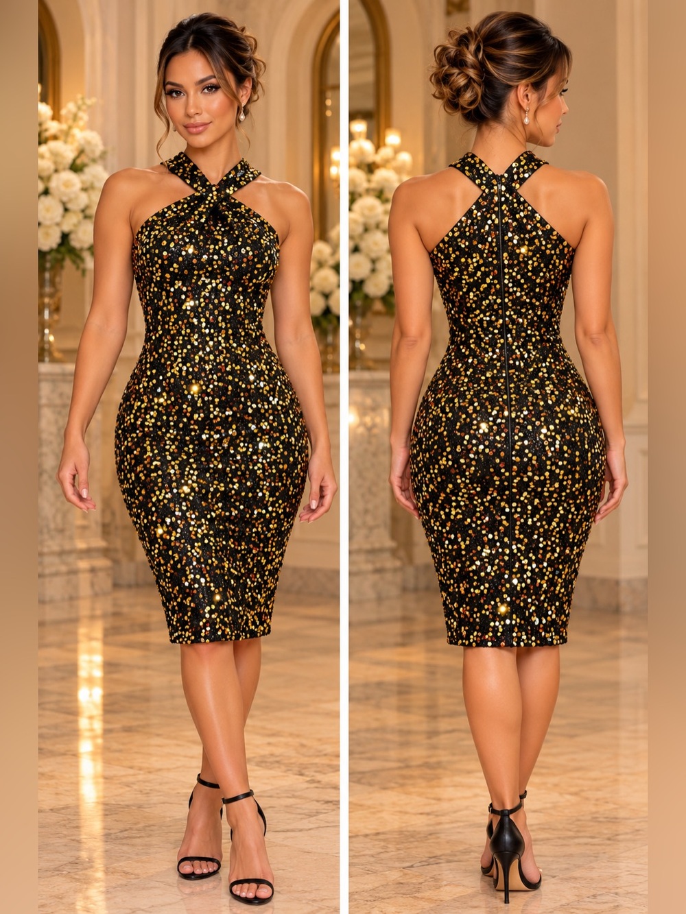 GRACE KARIN Black Gold Sequin Criss Cross Halter Hoco Dress Size Large EUC
